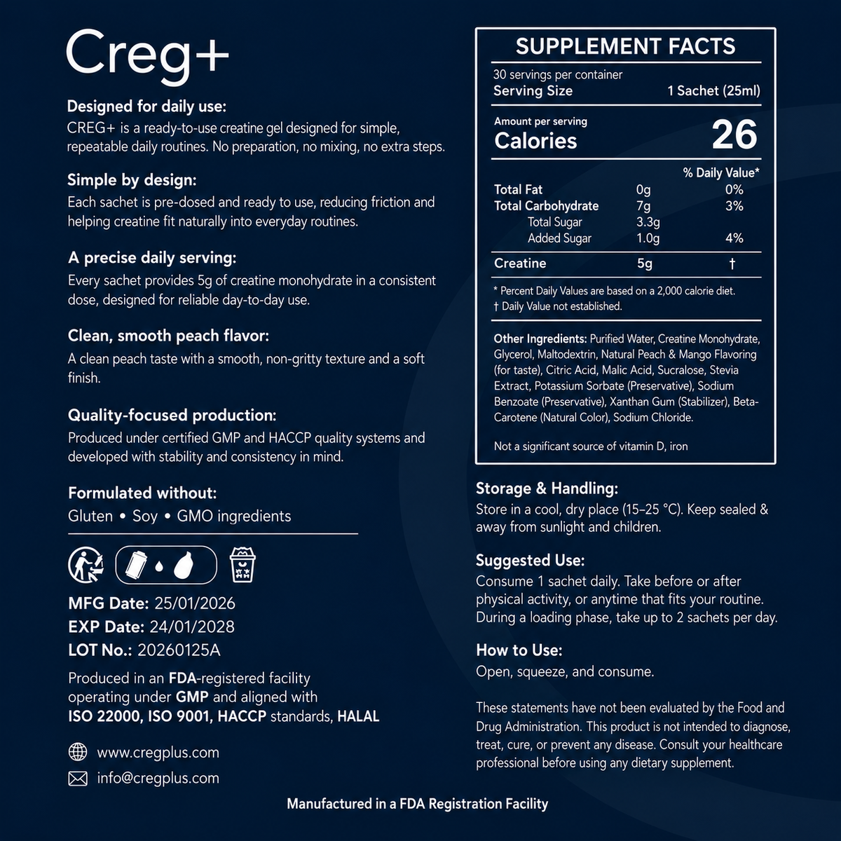 CREG+ creatine gel label showing Supplement Facts, ingredients, storage instructions, and directions for use.