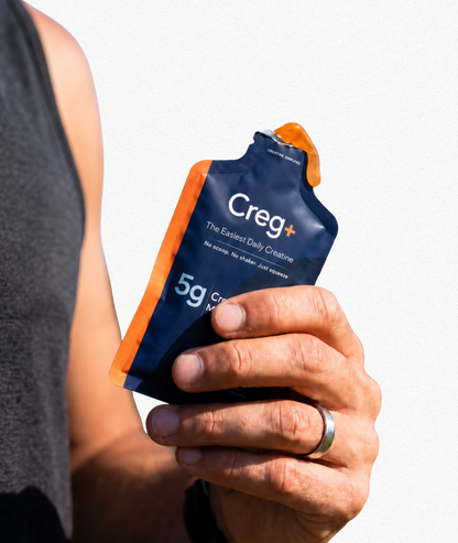 Hand holding a Creg+ product package against a gray background