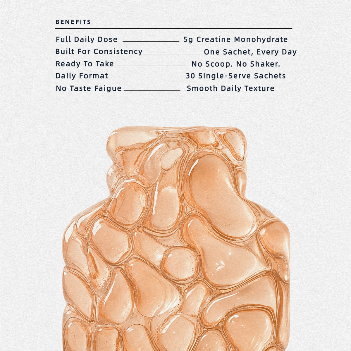 Peach-colored gel close-up beneath a CREG+ infographic listing 5g creatine monohydrate and 30 single-serve sachets.