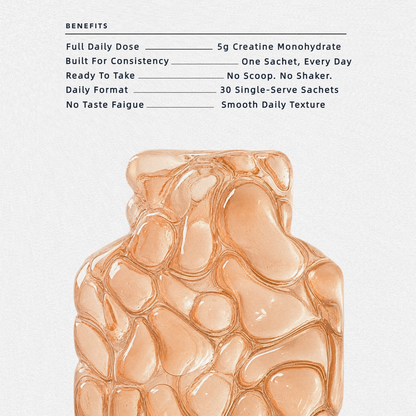 Peach-colored gel close-up beneath a CREG+ infographic listing 5g creatine monohydrate and 30 single-serve sachets.