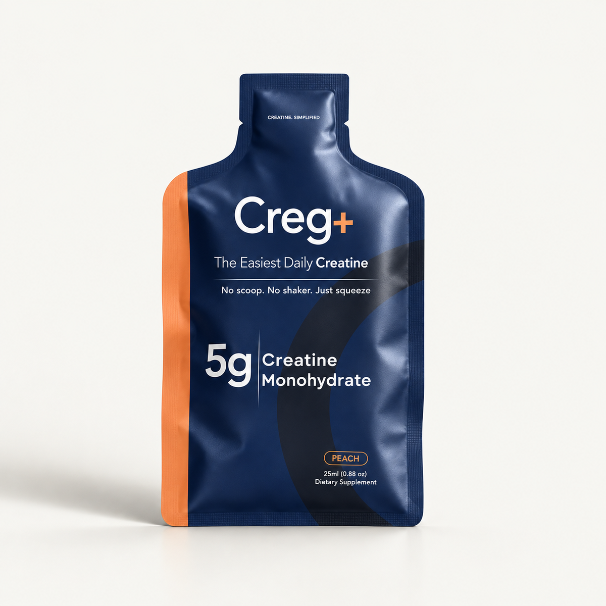 Single navy and orange CREG+ peach-flavor creatine gel sachet labeled 5g creatine monohydrate, 25ml.